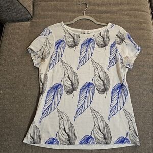 Reiss White Blue Black Leaf Print Mixed Media Casual Office Career Top Small